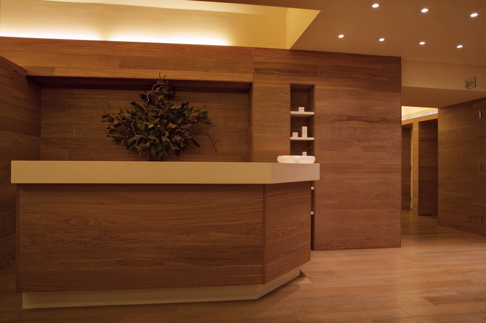Modern spa reception with warm wood paneling and elegant design
